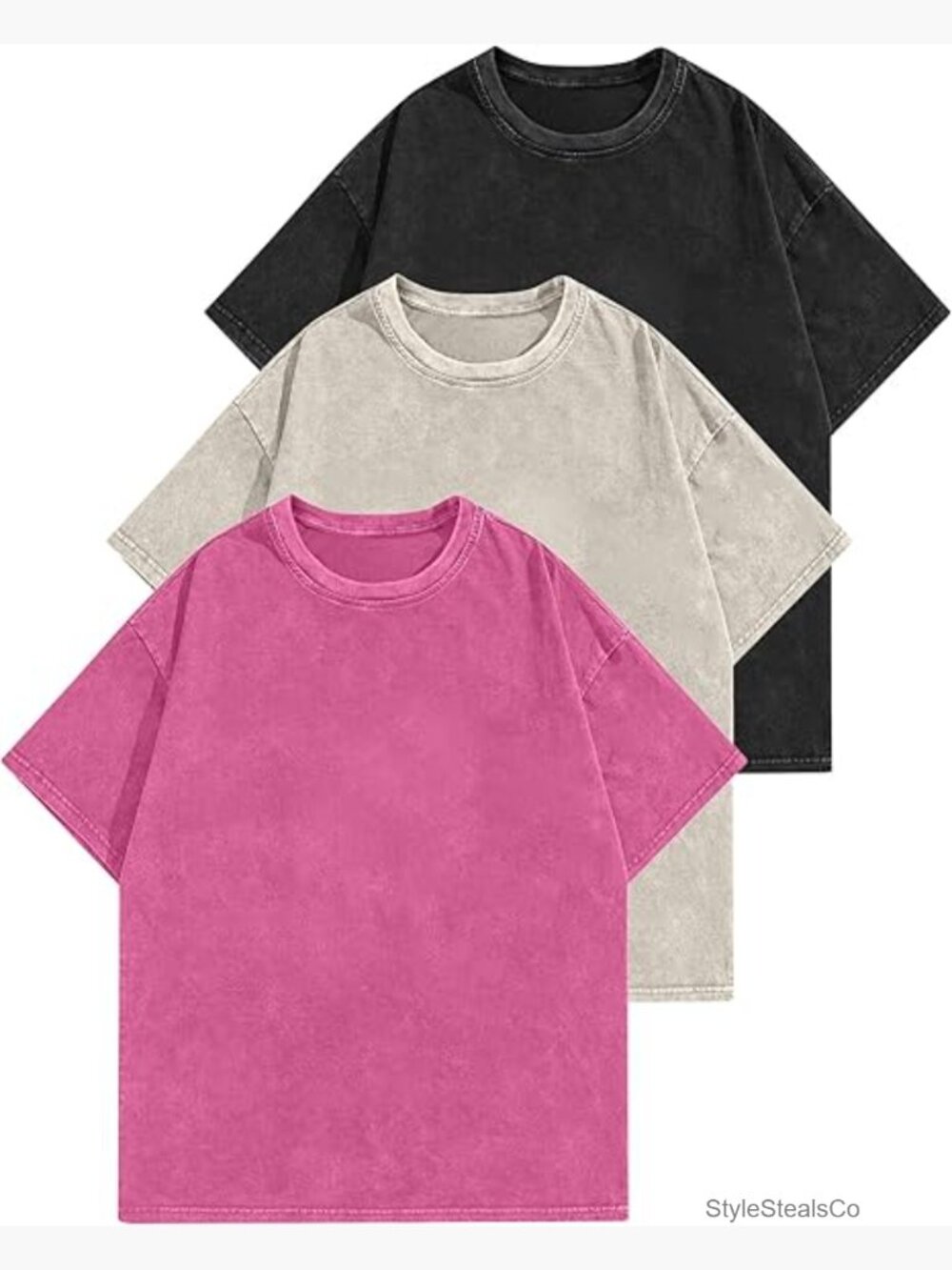 Oversized Cotton T-Shirts 3 Pack Vintage Washed Loose Fit Short Sleeve